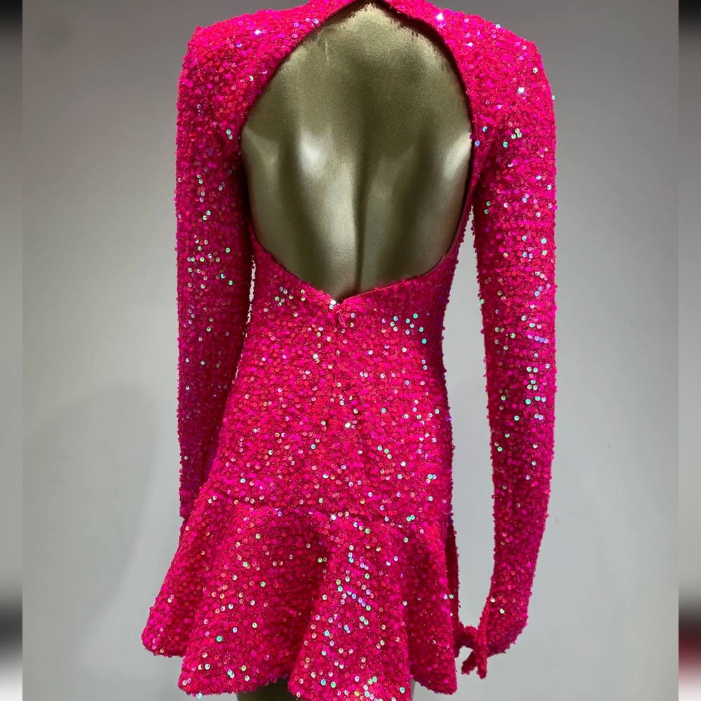 Women Luxury Sexy Long Sleeve Backless Sequins Sparkly Hot Pink - Picture 4 of 8